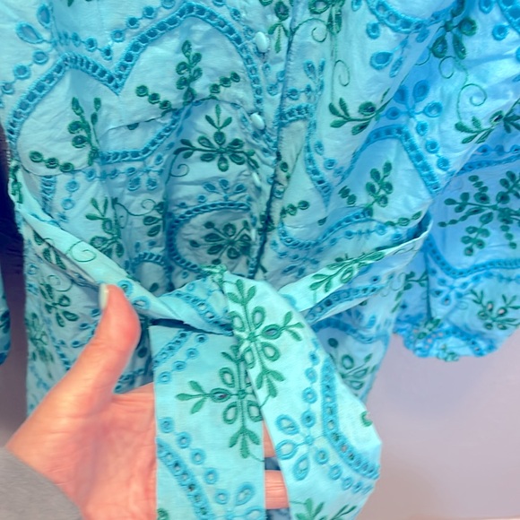 Boston Proper Blue Green Eyelet Dress Balloon Sleeve Women’s Size Small - Picture 7 of 11